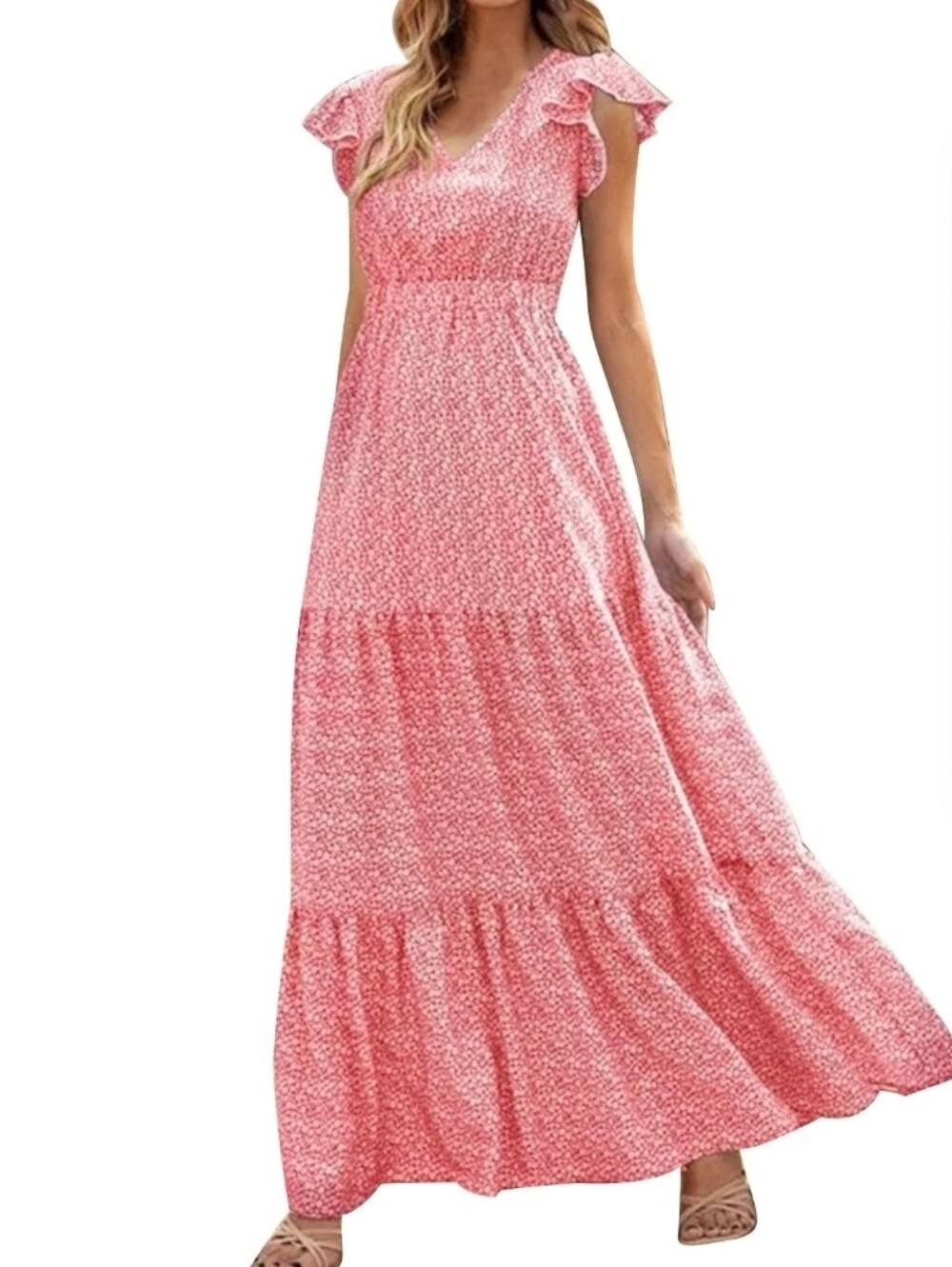Fatyb Women’s Pink Floral Maxi Dress with V-Neck and Ruffle Sleeves Size Small